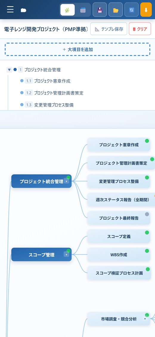 WBS Manager のスマートフォン表示。作業一覧の下に樹形図が縦に並ぶ